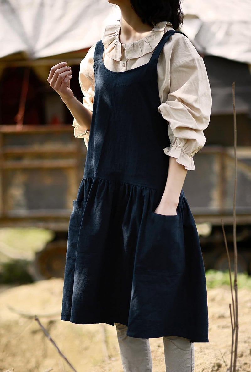 NEWGEM Cotton Linen Cross Back Apron for Women with Pockets for Cooking Baking Navy Blue with Waist Ties - Image 5